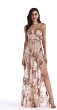 Beige Halter Low-cut Slit Sequins Dress