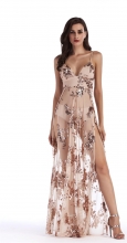 Beige Halter Low-cut Slit Sequins Dress