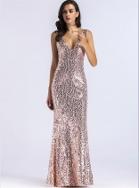 Pink Low-cut Halter Sequins Bodycon Women Evening Dress