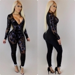 Black Low-cut Sequins Bodycon Sexy Jumpsuit