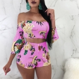 Pink Off-shoulder Printed Short Sets