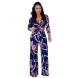 Blue Long Sleeve Printed V-neck Jumpsuit Dress