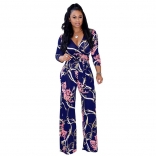 Blue Long Sleeve Printed V-neck Jumpsuit Dress