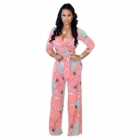 Pink Long Sleeve Printed V-neck Jumpsuit Dress