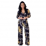 Black Long Sleeve Printed V-neck Jumpsuit Dress