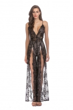 Black Sequins V-Neck Slit Mesh Evening Dress