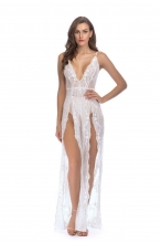 White Sequins V-Neck Slit Mesh Evening Dress