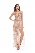 Beige Sequins V-Neck Slit Mesh Evening Dress