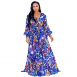 Blue Printed Summer Chiffion Women Maxi Dress