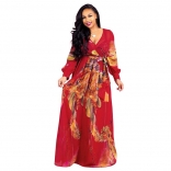 WineRed Printed Summer Chiffion Women Maxi Dress