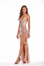 Golden One-shoulder Sequins Slited Long Dress