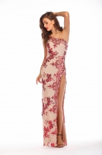 Red One-shoulder Sequins Slited Long Dress