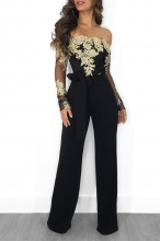 Golden Long Sleeve Lace Women Sexy Jumpsuit