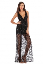 Black Sleeveless Deep V-Neck Sequins Mesh Evening Dress