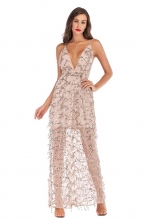 Beige Sleeveless Deep V-Neck Sequins Mesh Evening Dress