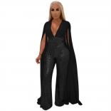 Black Sleeveless Low-cut Sequins Women Jumpsuit