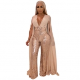 Beige Sleeveless Low-cut Sequins Women Jumpsuit