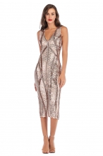 Golden Sleeveless Halter Sequins Bodycons Midi Dress