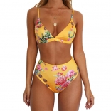 Yellow Strap Printed High Waist Swimwear