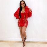 Red Long Sleeve PU Zipper Down Jacket
