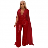 Red Sleeveless Low-cut Sequins Women Jumpsuit