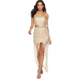 Beige Lace Off-Shoulder Sleeveless Mesh Evening Dress