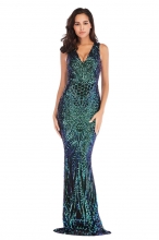 Green Sleeveless V-Neck Sequins Sexy Women Long Dress