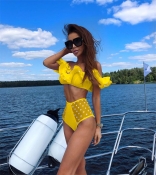 Yellow Mesh Foral High Waist Swimwear