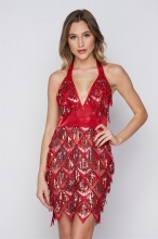 Red Sleveeless Halter Belt Tassels Sequins Mini Dress