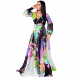 White V-Neck Printed Summer Chiffion Women Maxi Dress