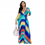 Blue Green V-Neck Printed Summer Chiffion Women Maxi Dress