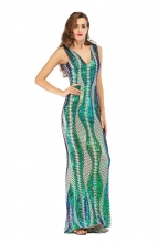 Green Sleeveless Deep V-Neck Sequins Women Evening Dress