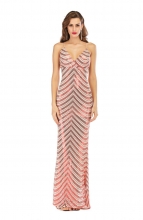 Red Sleeveless Halter V-Neck Sequins Women Evening Dress
