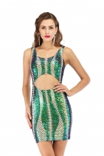 Green Sleeveless Halter Hollow-Out Sexy Sequins Mini Dress