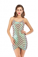 Green Halter V-Neck Sleeveless Sequins Mini Dress