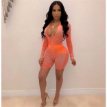 Orange Long Sleeve V-Neck Zipper Mesh Sexy Rompers