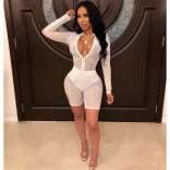 White Long Sleeve V-Neck Zipper Mesh Sexy Rompers