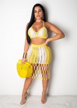 Yellow Halter V-Neck Nets Hollow-out 2PCS Bodycons Mini Dress