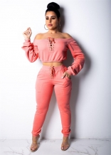 Pink Long Sleeve Lace-up V-Neck 2PCS Women Catsuit Dress