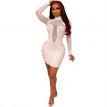 White Long Sleeve Mesh Rainstones Bodycons Mini Dress