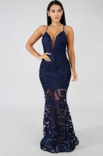 RoyalBlue Halter V-Neck Lace Mesh Sexy Women Maxi Evening Dress