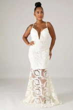 White Halter V-Neck Lace Mesh Sexy Women Maxi Evening Dress