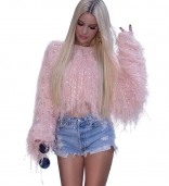 Pink Long Sleeve Tassels Sequins Women Sweaters