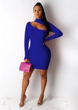 Blue Long Sleeve Halter Hollow-out Cottons Bodycon Mini Dress