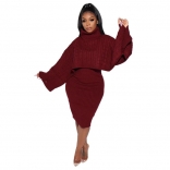 WineRed Two-Piece Cotton Women Fashion Turtleneck Sweater