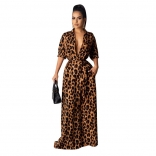 Khaki Leopard Printed V-Neck Women Maxi Dress