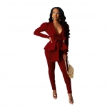 WineRed Long Sleeve Deep V-Neck Belted Sexy OL Dress