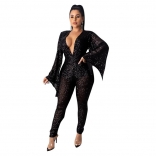 Black Broad Sleeve Deep V-Neck Sequins Sexy Jumpsuit