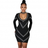 Black Long Sleeve V-Neck Rainstones Bodycon Mini Dress