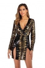 Black Long Sleeve V-Neck Sequins Slit Mini Dress